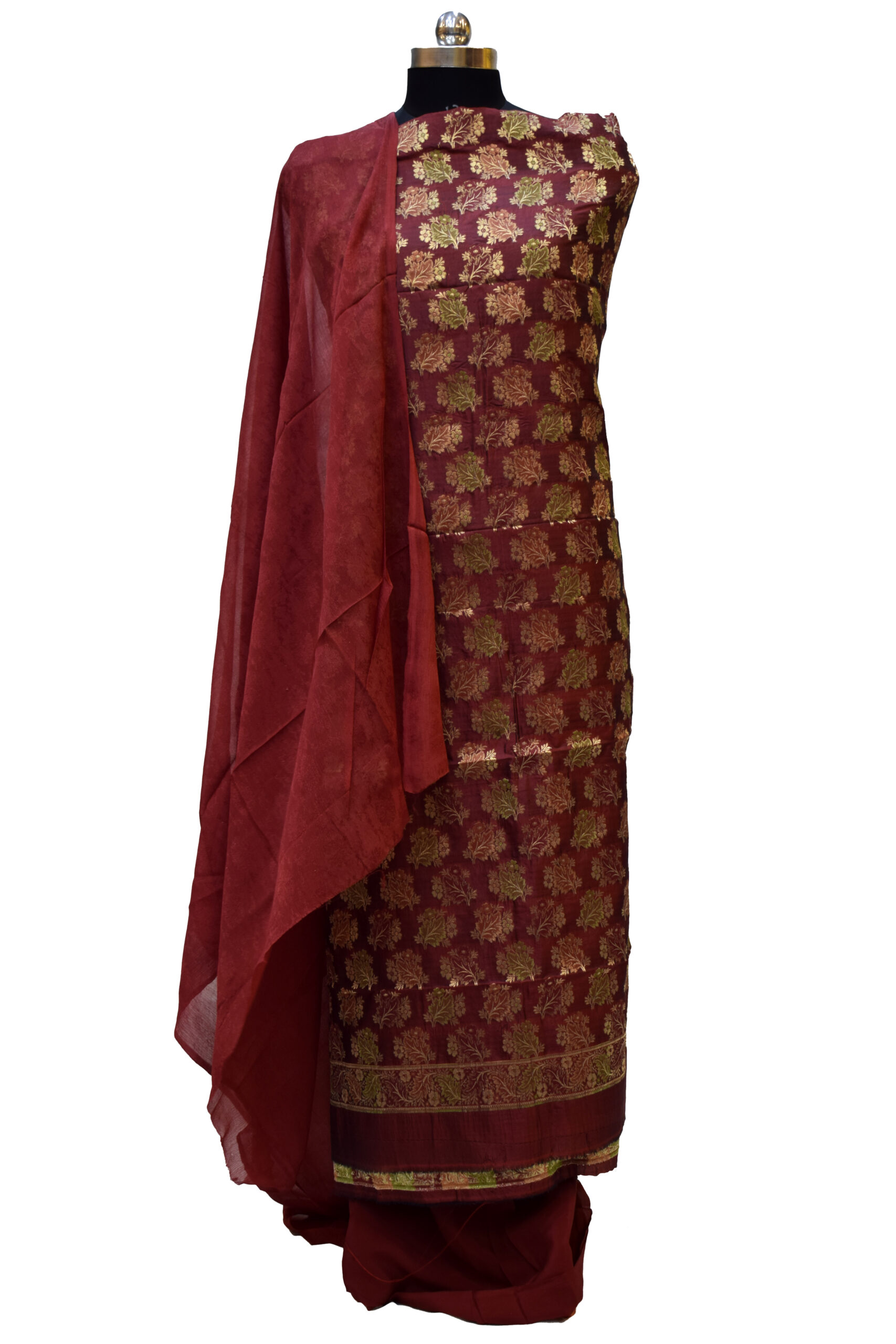 Pure Banarasi Silk Suit Set Maroon (Unstitched) – Banaras Weaves