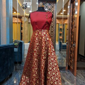 Banarasi Brocade Gown Maroon Ready To Wear (Sleeves Can Be Attached)
