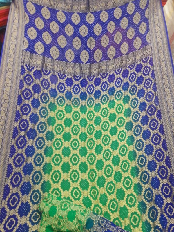 Pure Bandhani Georgette Saree Double Dyed Blue & Green