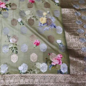 Digital Print & Weaving Pure Katan Silk Saree Green Boota