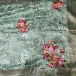 Digital Print & Weaving Pure Katan Silk Saree Green