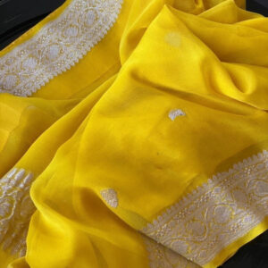 Pure Banarasi Khaddi Chiffon Saree Silver Zari Yellow