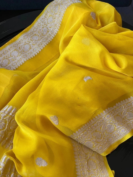 pure khaddi chiffon saree silver zari yellow