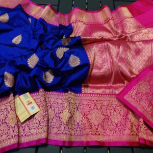 Pure Banarasi Kadhwa Katan Silk Saree Handloom | Royal Blue & Pink Contrast