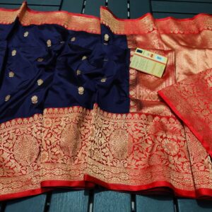 Pure Banarasi Kadhwa Katan Silk Saree Handloom Navy Blue Contrast