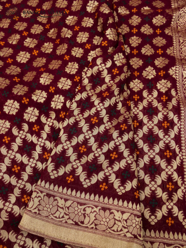 Banarasi Khaddi Georgette Saree Wine Color Bandhani Style Woven Design