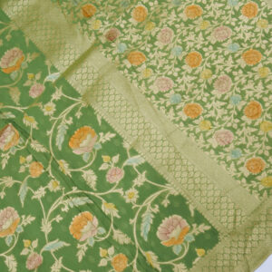 Banarasi Khaddi Georgette Saree Green Color All Over Jaal Design Hand Dyed