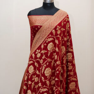 Banarasi Khaddi Georgette Saree Red Color All Over Jaal Design
