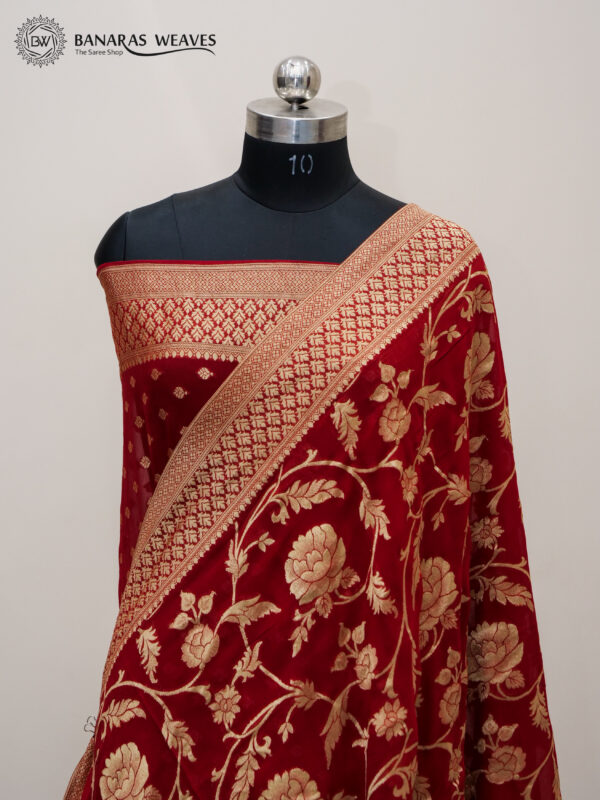 Banarasi Khaddi Georgette Saree Red Color All Over Jaal Design