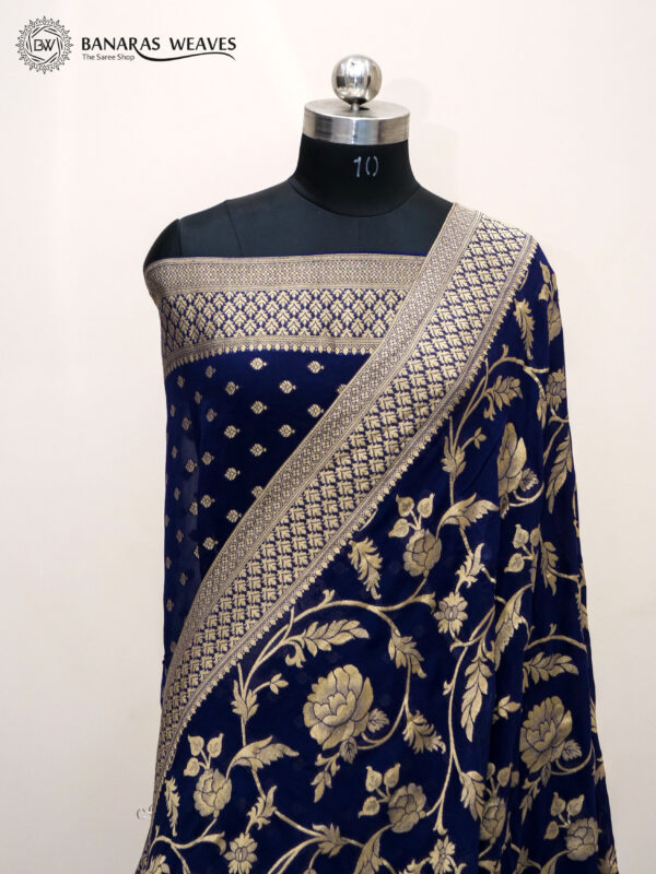 Banarasi Khaddi Georgette Saree Dark Blue Colour In Jaal Design