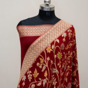 Banarasi Khaddi Georgette Saree Red Color All Over Jaal Design Hand Dyed