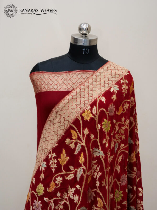 Banarasi Khaddi Georgette Saree Red Color All Over Jaal Design Hand Dyed