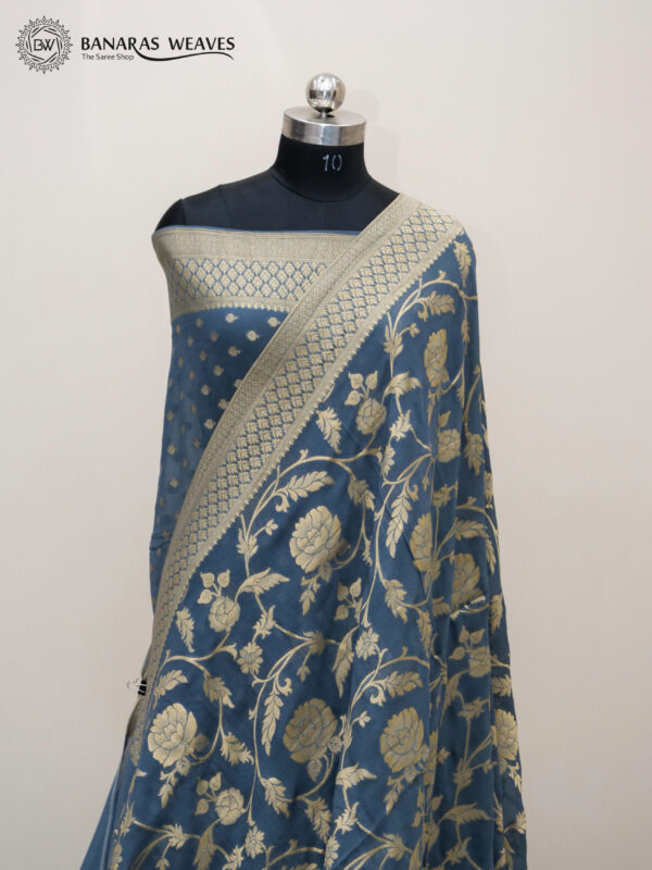 Banarasi Khaddi Georgette Saree Grey Color All Over Jaal Design