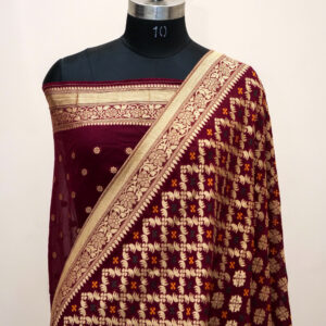 Banarasi Khaddi Georgette Saree Wine Colour Bandhani Style Woven Design