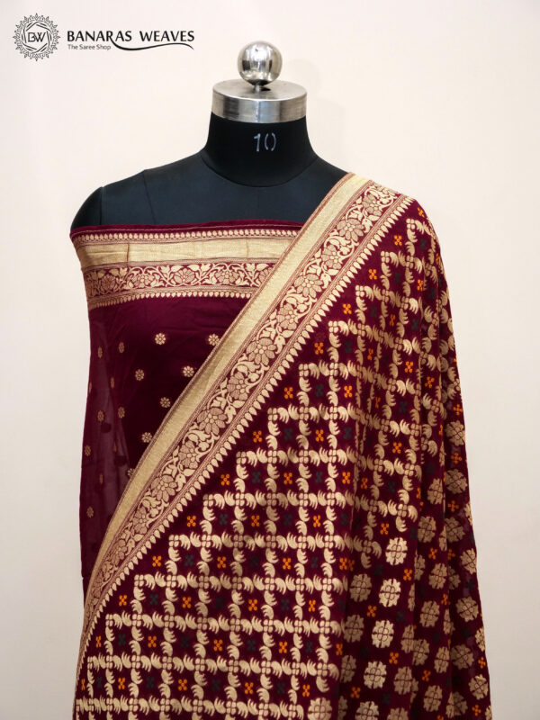 Banarasi Khaddi Georgette Saree Wine Color Bandhani Style Woven Design