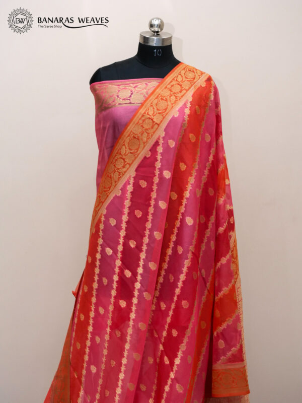 Banarasi Organza Kora Silk Saree Pink Multi Color Dyed