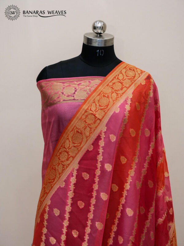 Banarasi Organza Kora Silk Saree Pink Multi Color Dyed