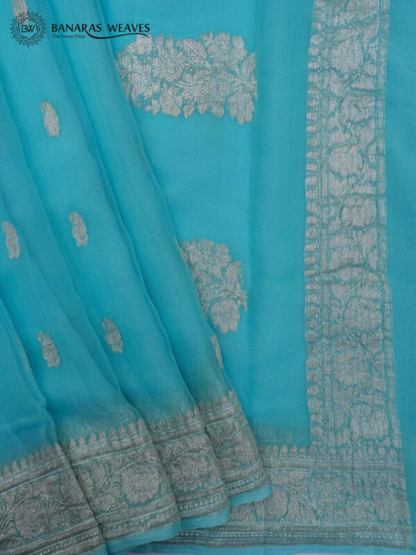 Pure Handloom Banarasi Kadhwa Khaddi Chiffon Saree Sky Blue Color Booti Design