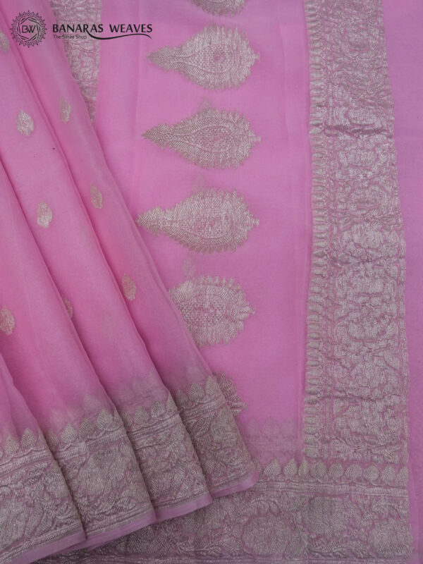 Pure Handloom Banarasi Kadhwa Khaddi Chiffon Saree Baby Pink Color Booti Design