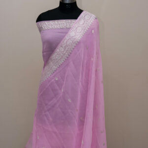 Pure Handloom Banarasi Kadhwa Khaddi Chiffon Silver Zari Saree Baby Pink Color Booti Design