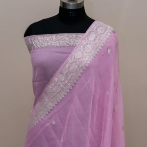Pure Handloom Banarasi Kadhwa Khaddi Chiffon Silver Zari Saree Baby Pink Color Booti Design