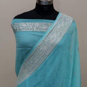 Pure Handloom Banarasi Kadhwa Khaddi Chiffon Silver Zari Saree Sky Blue Color Booti Design