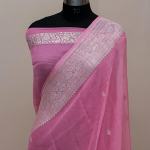 Pure Handloom Banarasi Kadhwa Khaddi Chiffon Silver Zari Saree Pink Color Booti Design