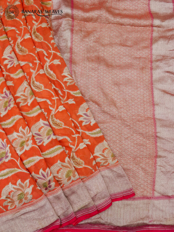 Pure Banarasi Khaddi Georgette Saree Orange Color Jaal Design