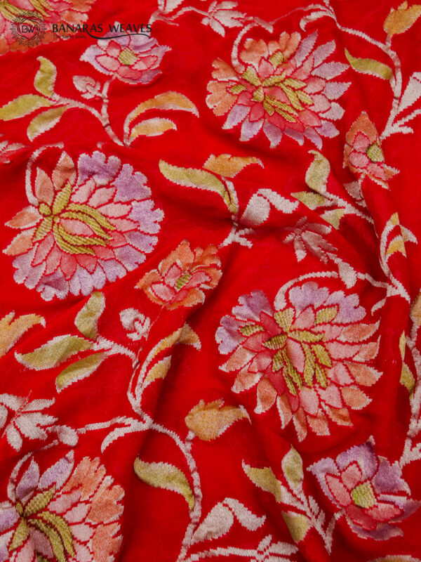 Pure Banarasi Khaddi Georgette Saree Red Color Jaal Design Hand Dyed