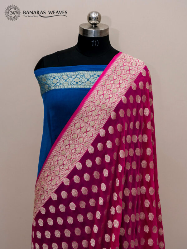 Pure Khaddi Georgette Saree Pink & Blue Contrast Color Booti Design