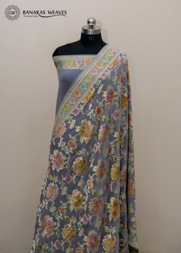 Pure Banarasi Khaddi Georgette Saree Grey Color Jaal Design Hand Dyed
