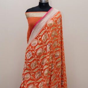 Pure Banarasi Khaddi Georgette Saree Orange Color Jaal Design Hand Dyed