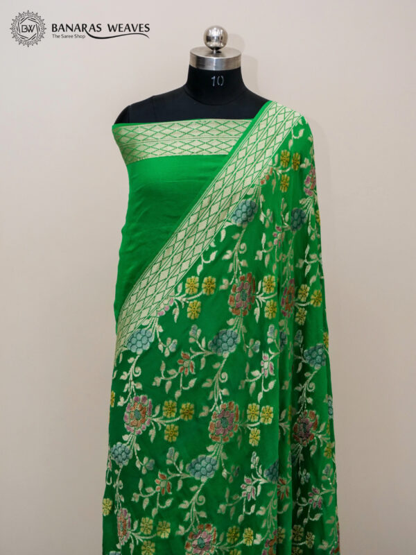 Pure Banarasi Khaddi Georgette Saree Green Color Jaal Design