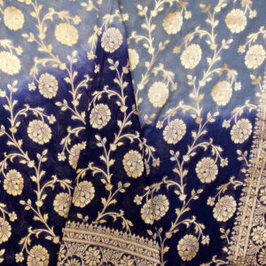 Banarasi Khaddi Georgette Saree Grey & Blue Colour Double Dyed In Jaal Design