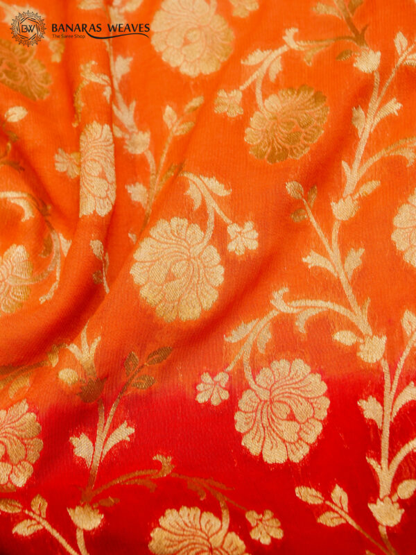 Banarasi Khaddi Georgette Saree Red & Peach Colour Double Dyed In Jaal Design