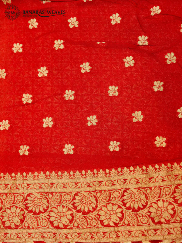 Banarasi Khaddi Georgette Saree Red & Peach Colour Double Dyed In Jaal Design