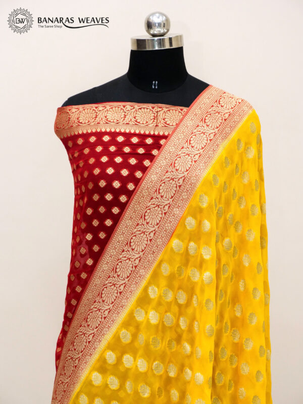 Banarasi Khaddi Georgette Saree Red & Yellow Contrast Color Booti Design