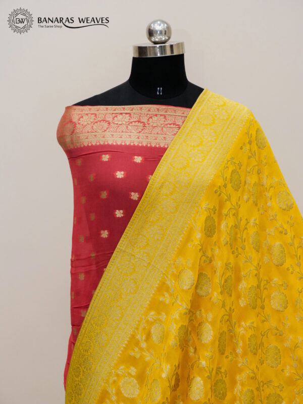 Banarasi Khaddi Georgette Saree Yellow & Peach Colour Double Dyed In Jaal Design