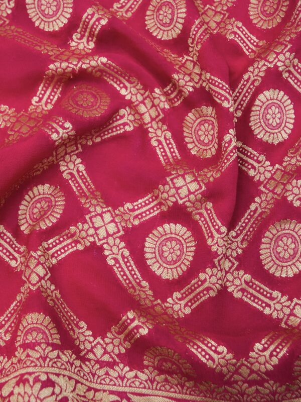 Banarasi Khaddi Georgette Saree Rani Pink Color In Garchola Jaal Design