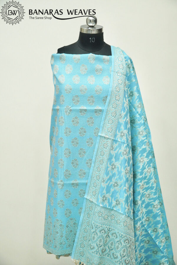 Banarasi Resham Work Cotton Suit Sky Blue Color Boota Design