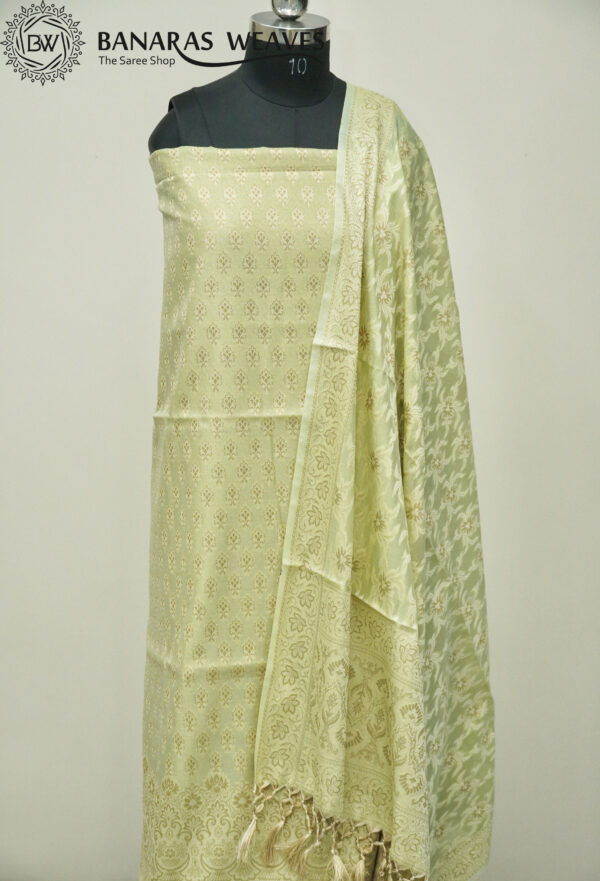 Banarasi Resham Work Cotton Suit Pista Green Color Booti Design