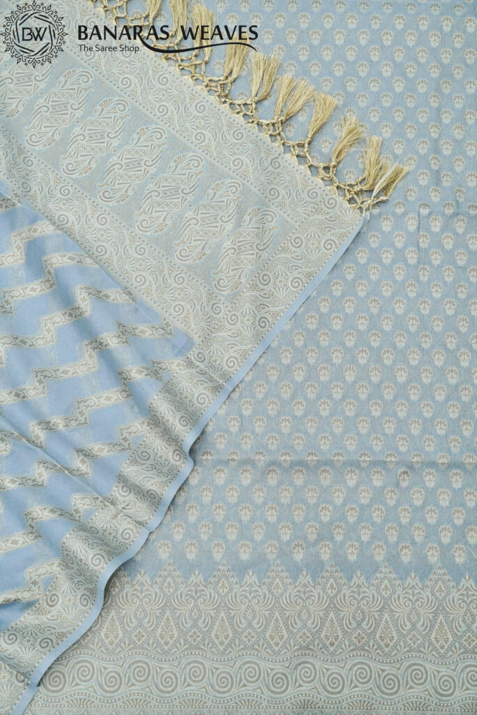 Banarasi Resham Work Cotton Suit Greyish Blue Color Booti Design