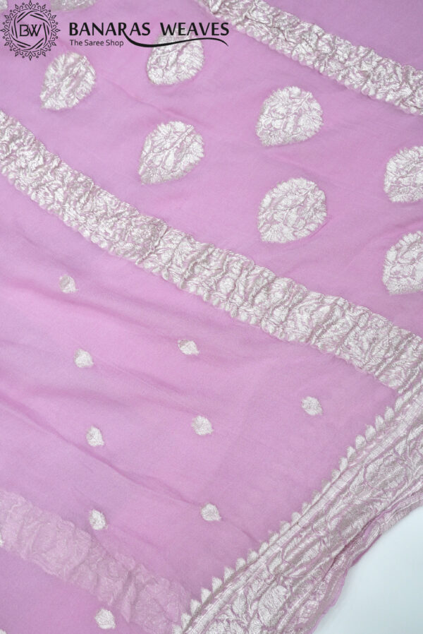 Pure Handloom Banarasi Kadhwa Khaddi Chiffon Silver Zari Saree Baby Pink Color Booti Design