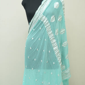 Pure Handloom Banarasi Kadhwa Khaddi Chiffon Silver Zari Saree Sea Green Color Booti Design