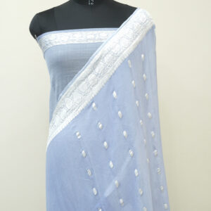Pure Handloom Banarasi Kadhwa Khaddi Chiffon Silver Zari Saree German Blue Color Booti Design