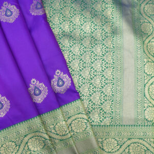Banarasi Katan Silk Saree Boota Design Violet And Green Contrast Color