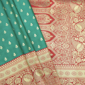 Banarasi Katan Silk Saree Booti Design Sea Green and Red Contrast Color