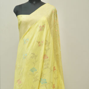Banarasi Katan Silk Saree Light Yellow Color Meenakari Work Jaal Design