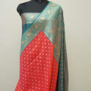 Banarasi Katan Silk Saree Booti Design Pink And Teal Contrast Color