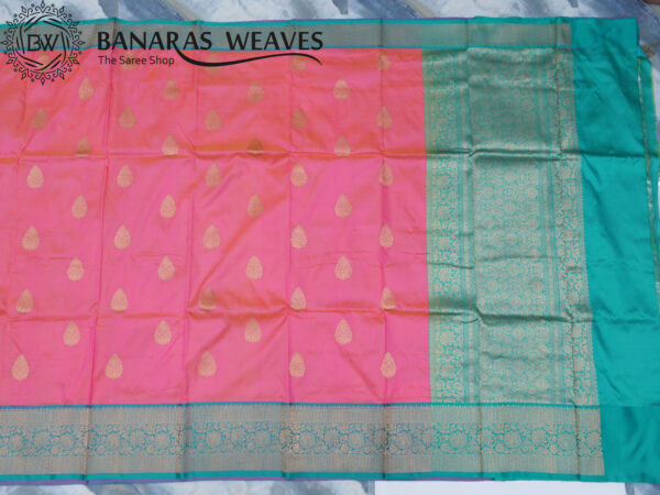 Pure Banarasi Kadhwa Katan Silk Saree Handloom | Pink & Sea Green Color Contrast